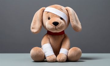 Peluche de chien avec des bandages illustrant l'importance d'une assurance santé animale, en lien avec les garanties de remboursement Bulle Bleue pour les soins vétérinaires