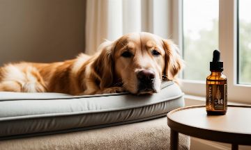 CBD arthrose chien Un golden retriever âgé se reposant paisiblement sur son coussin orthopédique, illustrant le confort possible malgré l'arthrose grâce aux soins naturels