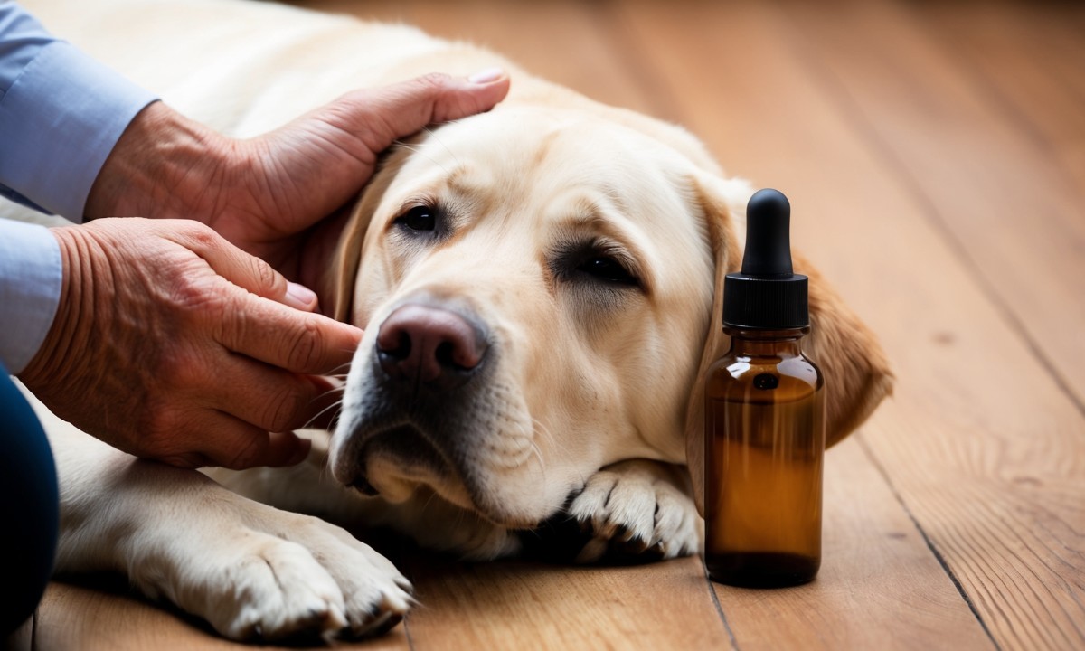 CBD arthrose chien Des mains bienveillantes caressant un labrador âgé détendu, symbolisant le soin et l'attention portés au bien-être des chiens arthritiques