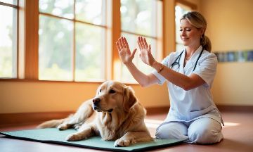 Praticienne Reiki effectuant une séance apaisante sur un Golden Retriever détendu dans un cadre professionnel et lumineux